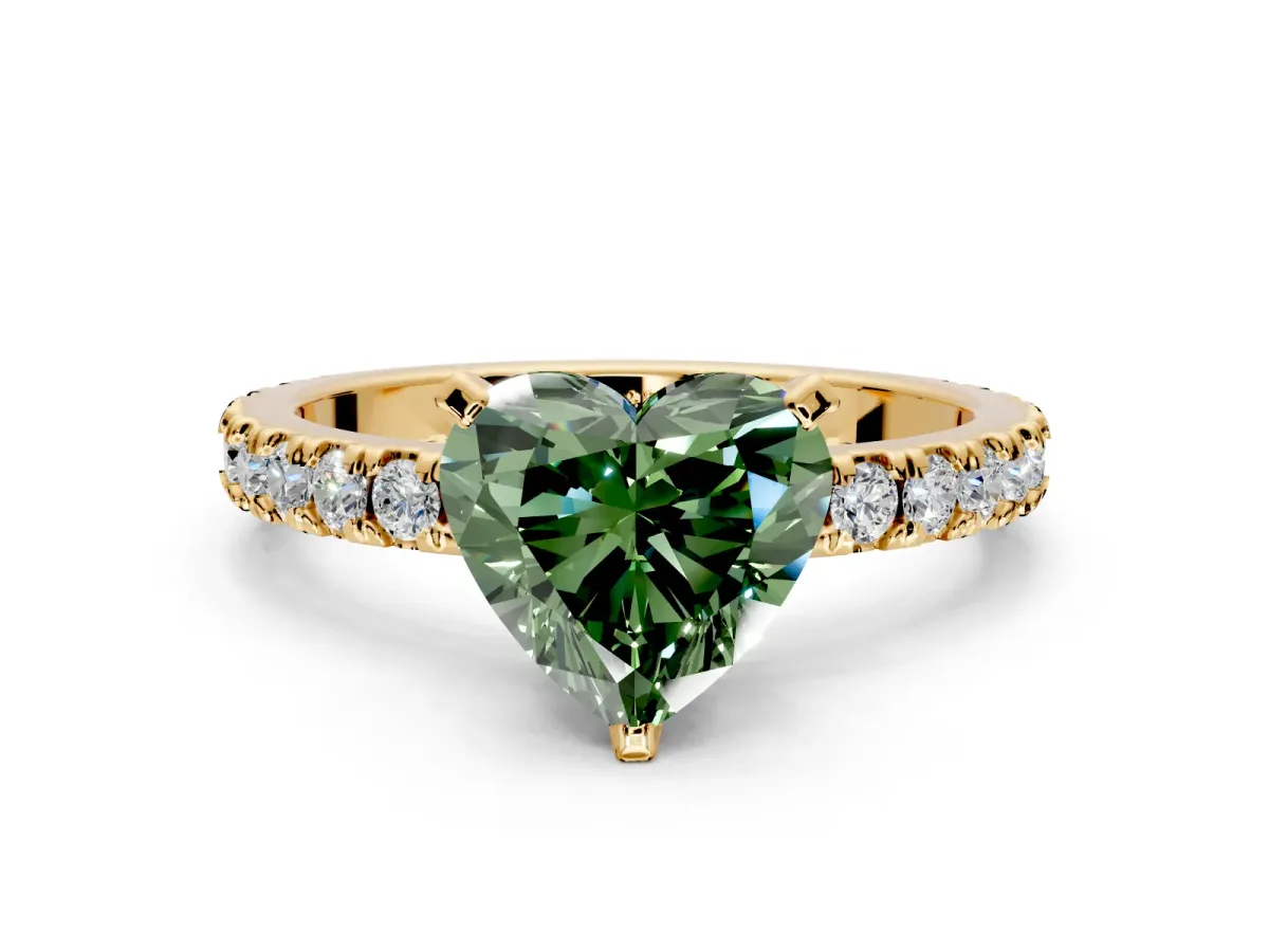 Solitaire Engagement Ring Setting for Fancy Green Heart-Shaped Center with Fine Pave Band and Claw Prong Head in Yellow Gold