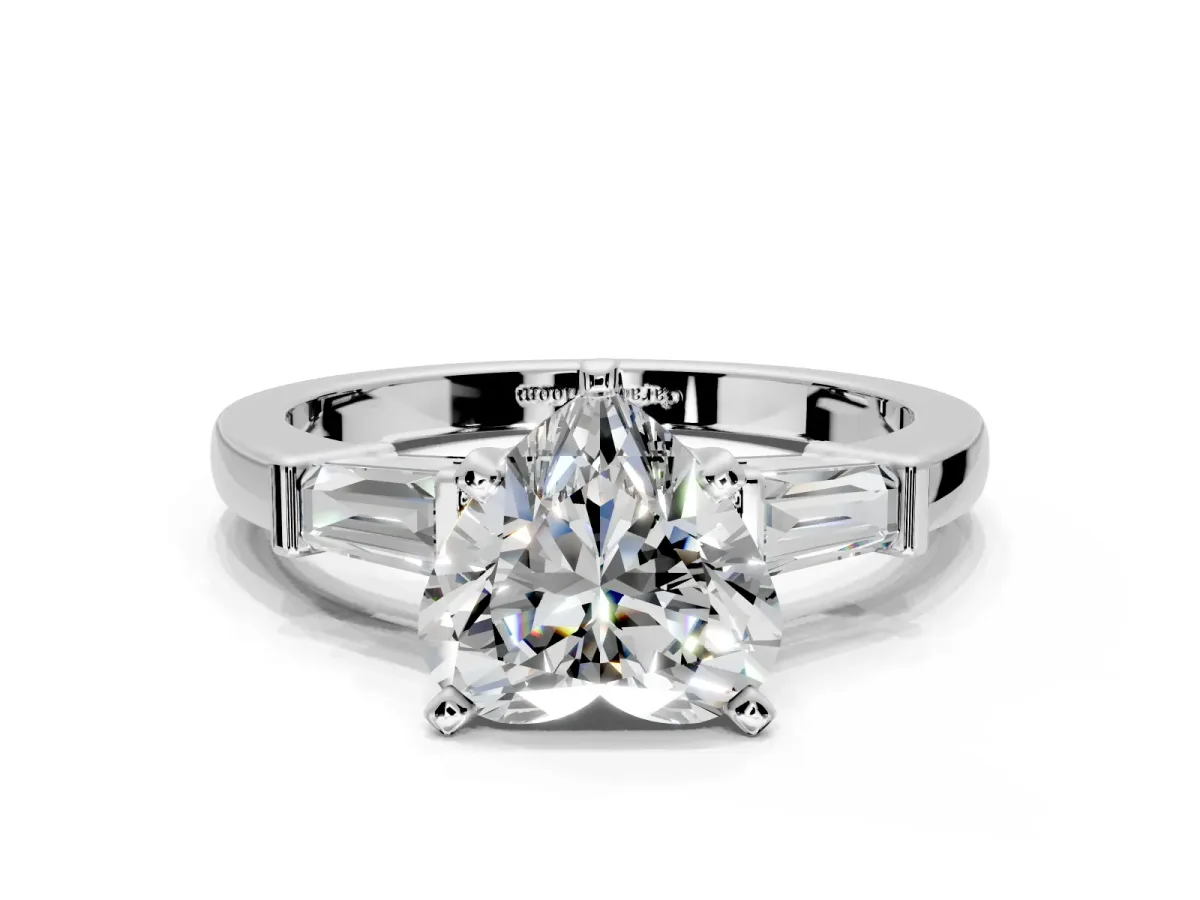 3 Stone Engagement Ring Setting for Heart-Shaped Center with Channel Baguette Accents and Prong Head in Sterling Silver