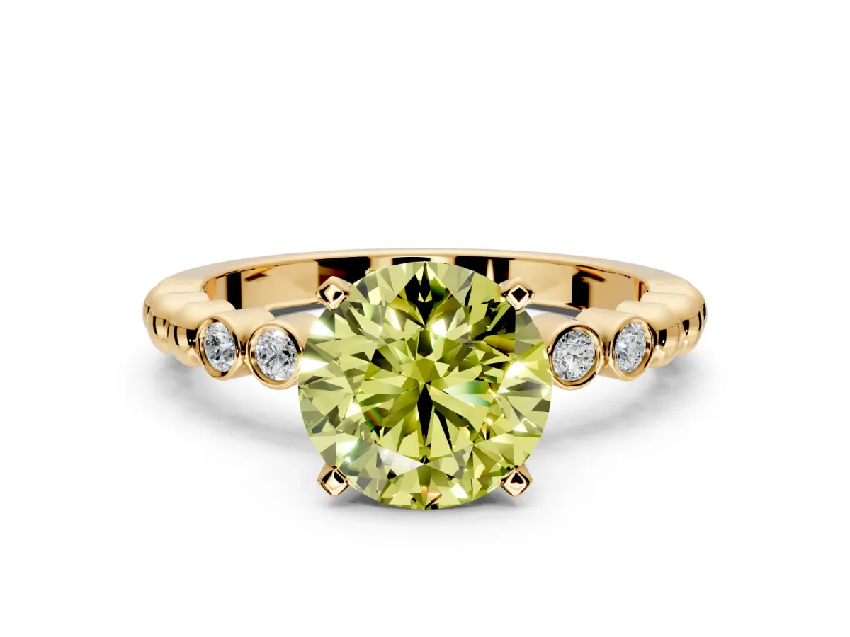 Solitaire Engagement Ring Setting for Fancy Yellow Round Cut Center with Bezel-Dot Beaded Band and Prong Head in Yellow Gold