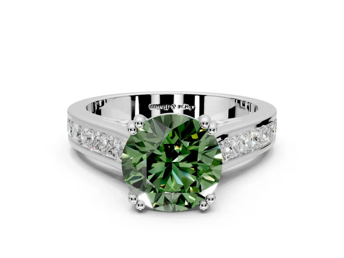 Solitaire Engagement Ring Setting for Fancy Green Round Cut Center with Channel Band and Double Claw Prong Head in Platinum