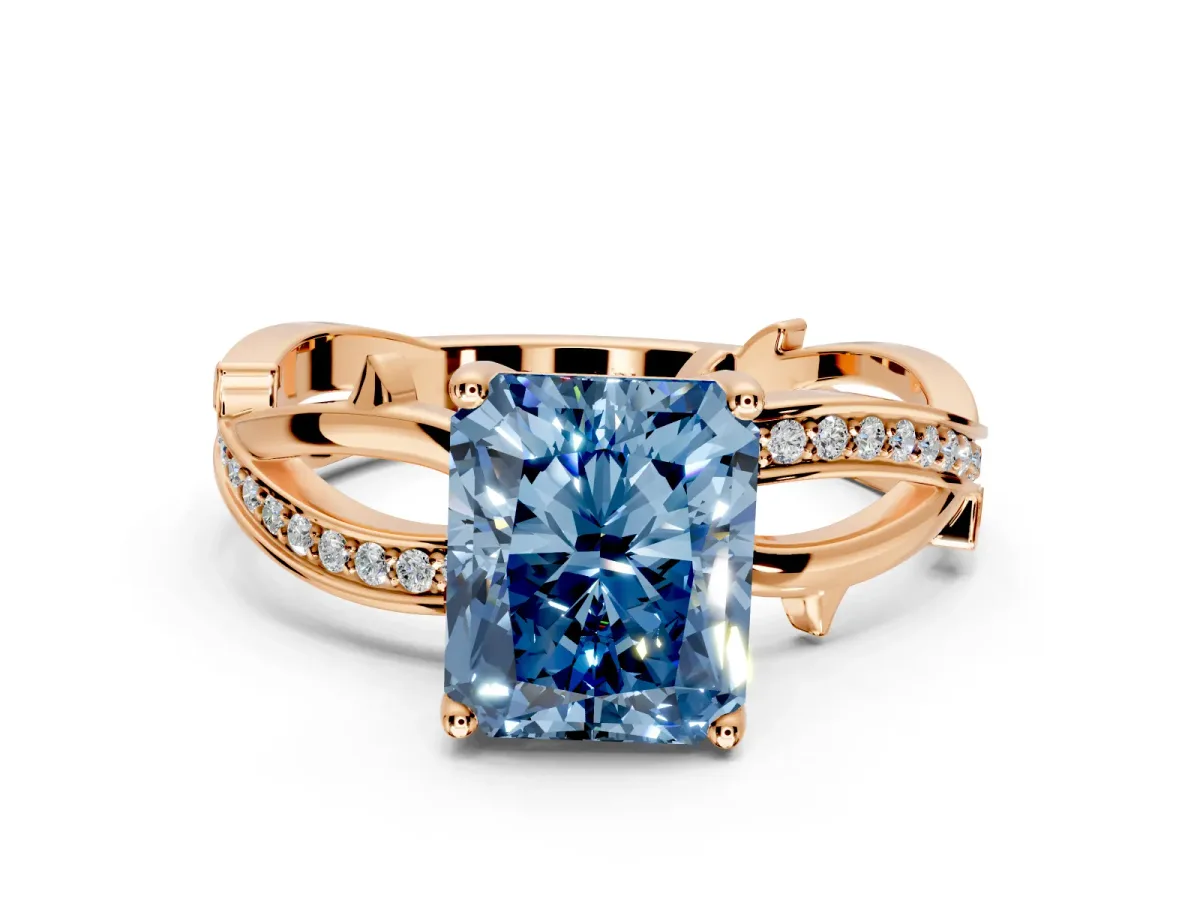 Solitaire Engagement Ring Setting for Fancy Blue Radiant Cut Center with Pave and Plain Crossover Band and Prong Head in Rose Gold