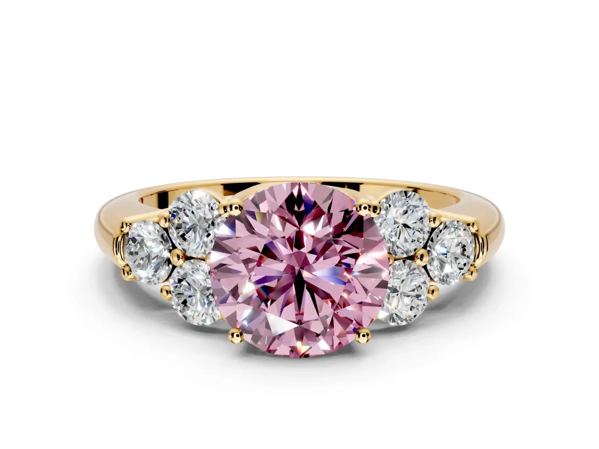 Cluster Engagement Ring Setting for Fancy Pink Round Cut Center with Round Cut Accent Frame and Prong Head in Yellow Gold