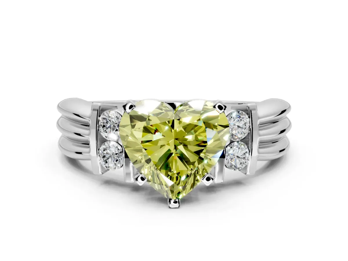 Solitaire Engagement Ring Setting for Fancy Yellow Heart-Shaped Center with Grooved Bar Accent Band and Prong Head in Platinum