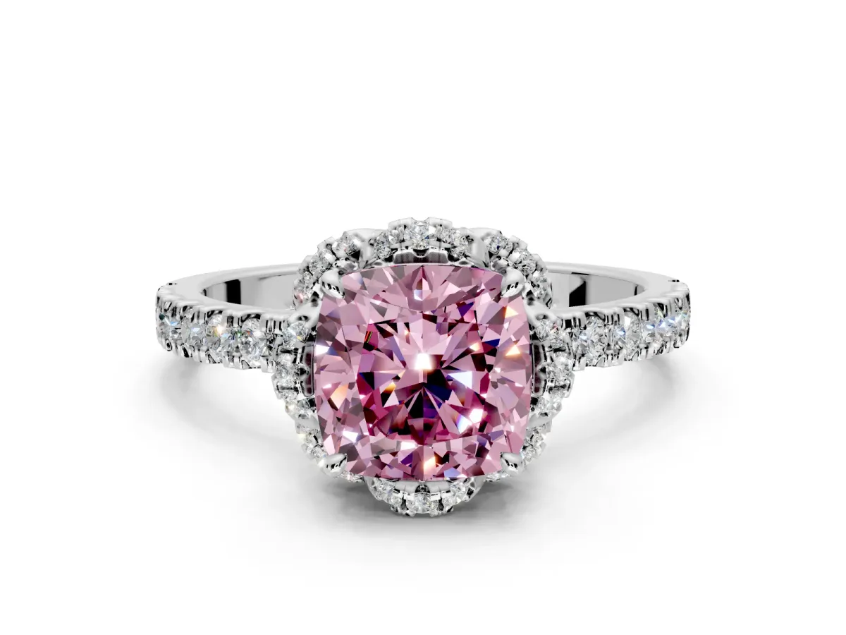 Halo Engagement Ring Setting for Fancy Pink Cushion Cut Center with Openwork Halo, Pave Band and Prong Head in Sterling Silver
