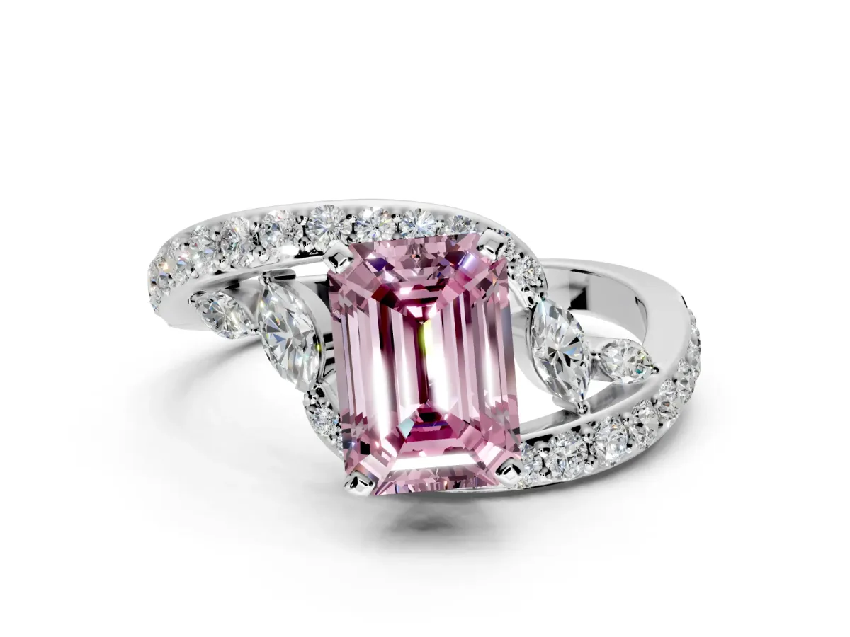 Solitaire Engagement Ring Setting for Fancy Pink Emerald Cut Center with Pave Bypass Twist Band and Prong Head in Platinum