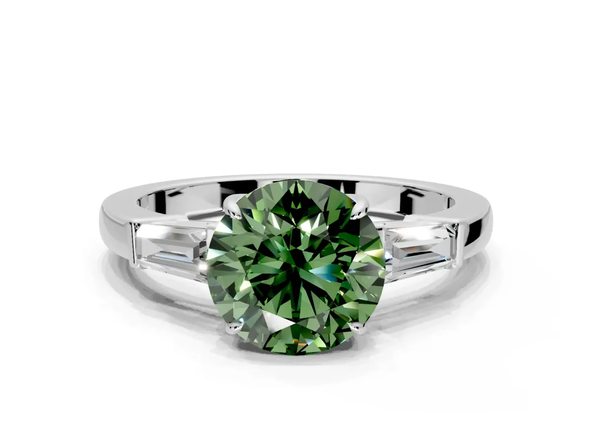 3 Stone Engagement Ring Setting for Fancy Green Round Cut Center with Baguette Accents and Prong Head in Platinum