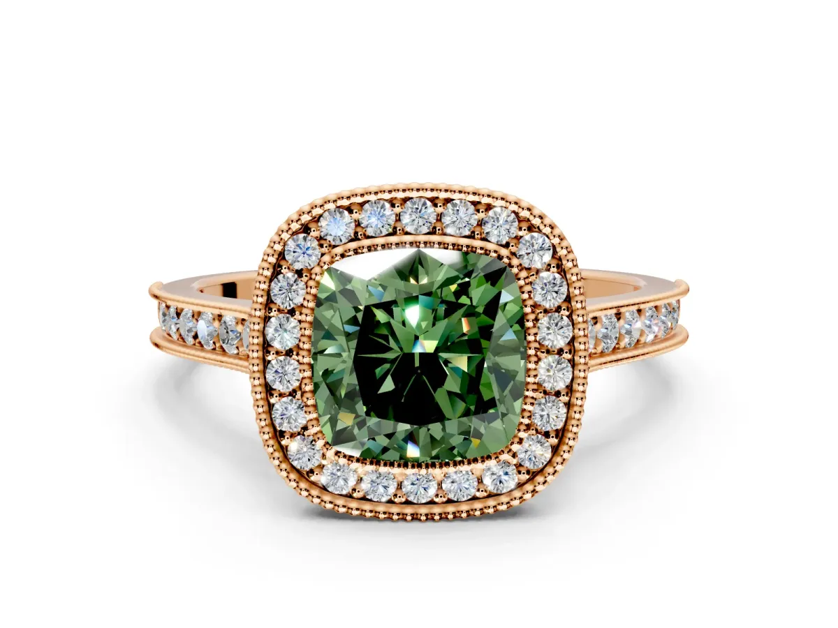 Halo Engagement Ring Setting for Fancy Green Cushion Cut Center with Milgrain Pave Band and Bezel Head in Rose Gold