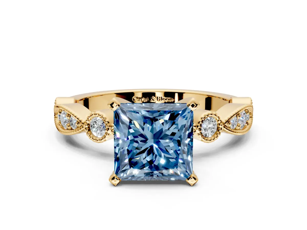 Solitaire Engagement Ring Setting for Fancy Blue Princess Cut Center with Milgrain Bezel Accents and Prong Head in Yellow Gold