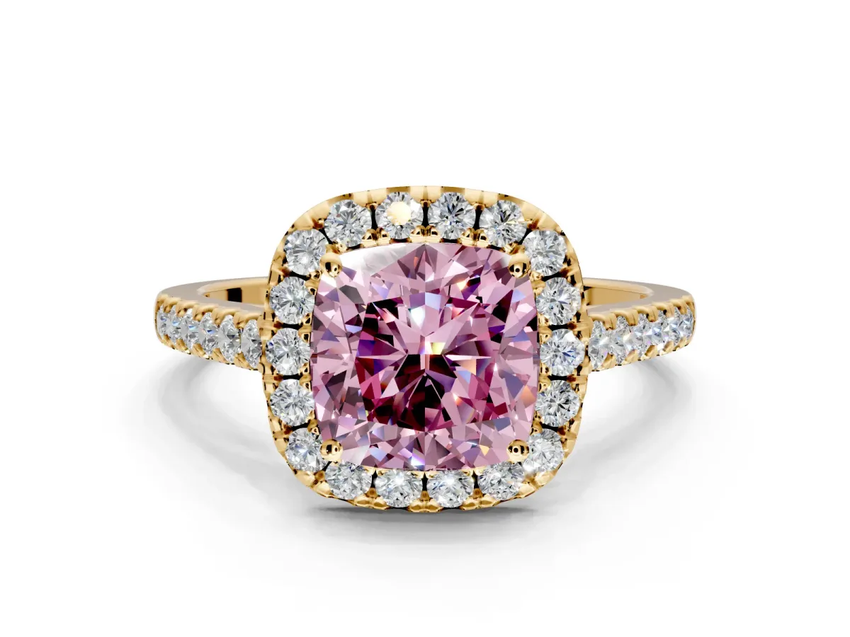 Halo Engagement Ring Setting for Fancy Pink Cushion Cut Center with Narrowing Pave Band and Prong Head in Yellow Gold