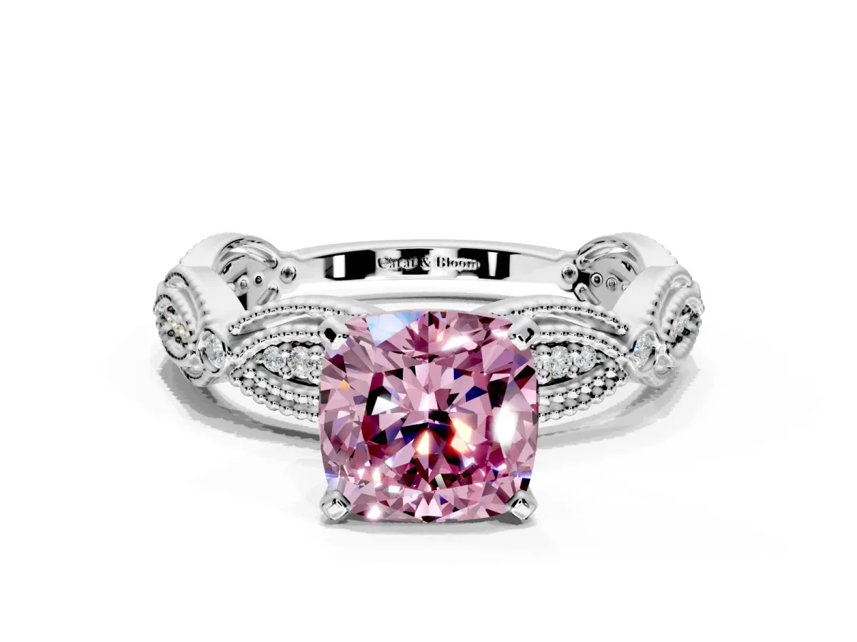 Solitaire Engagement Ring Setting for Fancy Pink Cushion Cut Center with Marquise Panel Band and Prong Head in Platinum