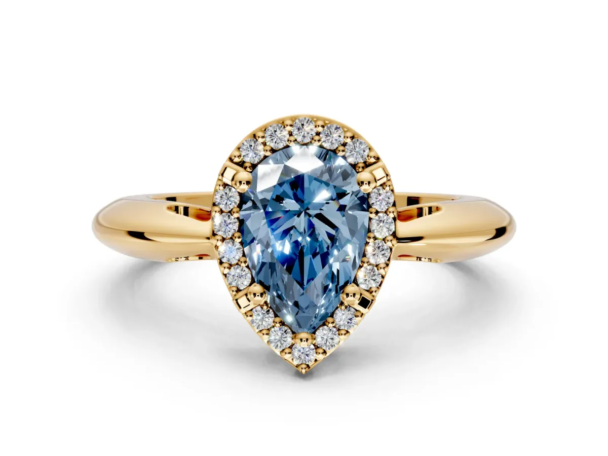 Halo Engagement Ring Setting for Fancy Blue Pear-Shaped Center with Tapered Plain Band and Prong Head in Yellow Gold