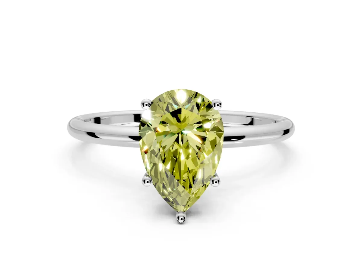 Solitaire Engagement Ring Setting for Fancy Yellow Pear-Shaped Center with Straight Thin Band and Prong Head in Platinum