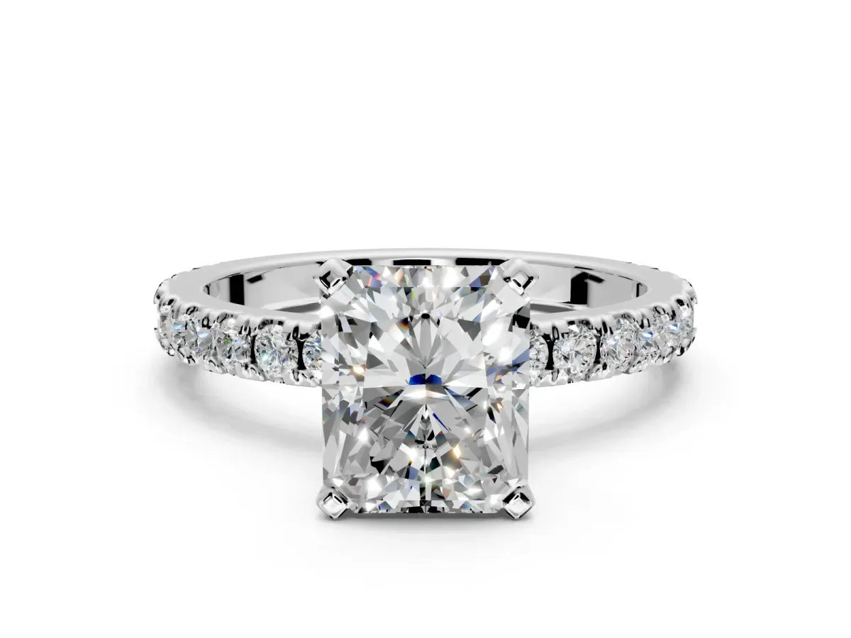 Solitaire Engagement Ring Setting for Radiant Cut Center with Fine Pave Band and Claw Prong Head in White Gold