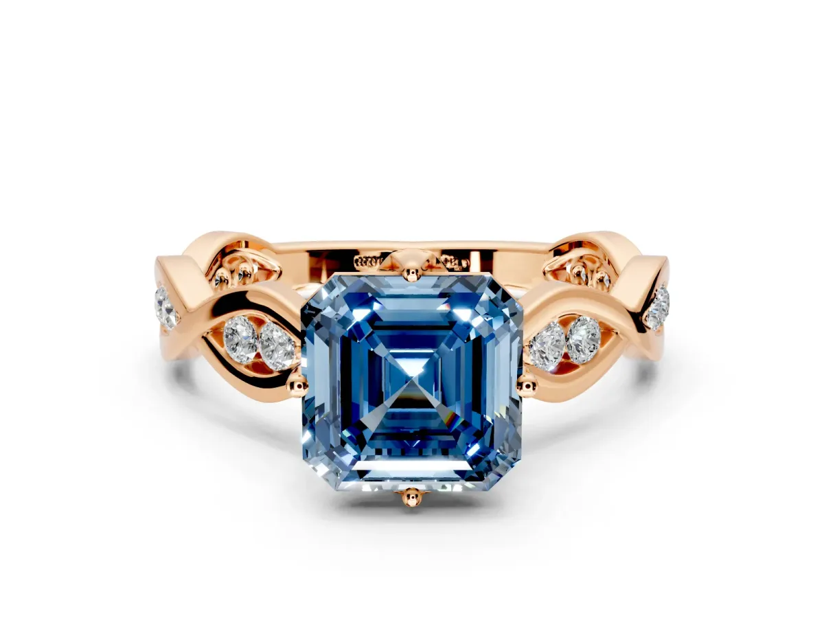 Solitaire Engagement Ring Setting for Fancy Blue Asscher Cut Center with Accented Twist Band and Leaf Prong Head in Rose Gold