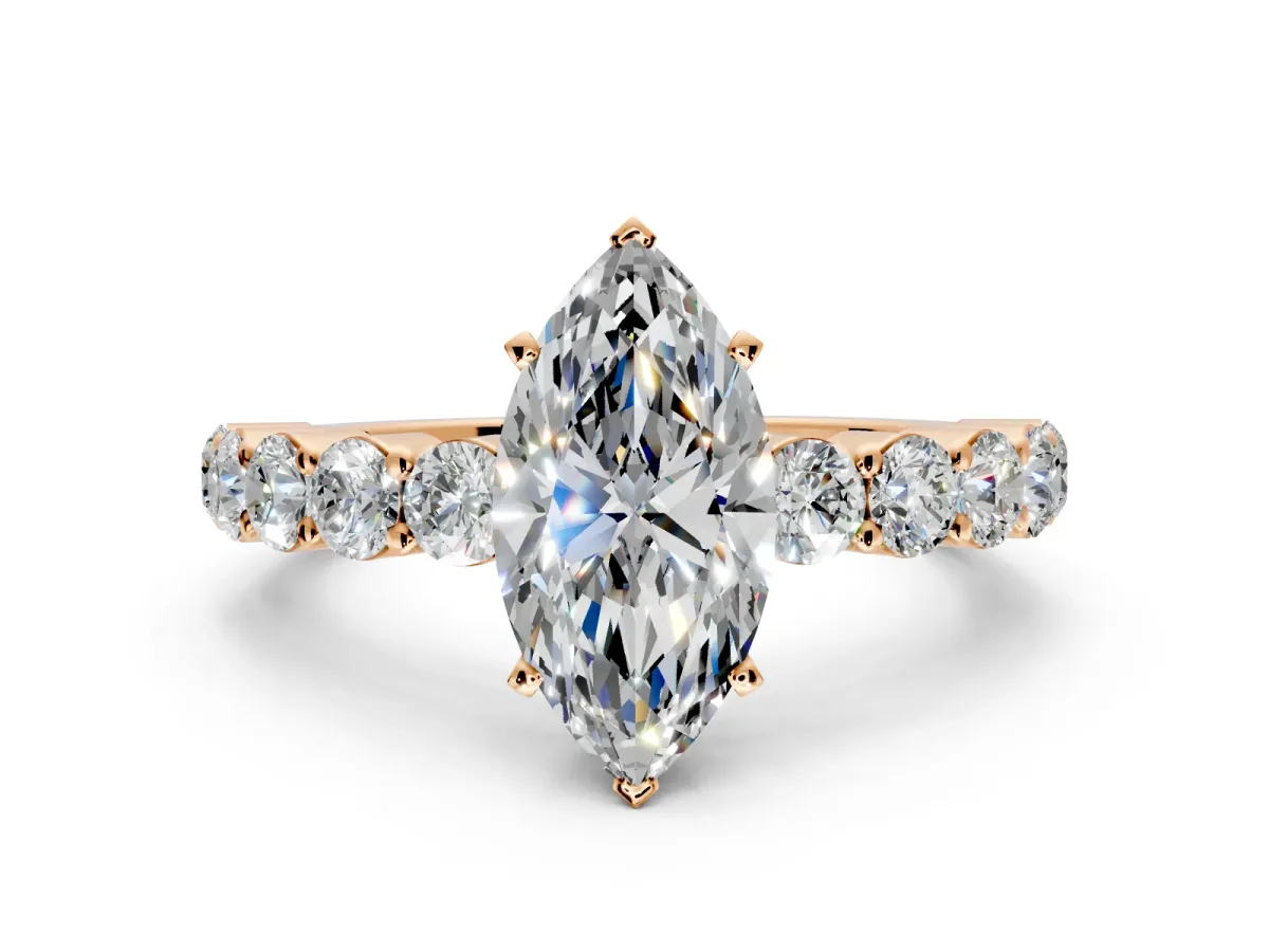 Shared-Prong Engagement Ring Setting for Marquise Center with Graduated Accents and Prong Head in Rose Gold