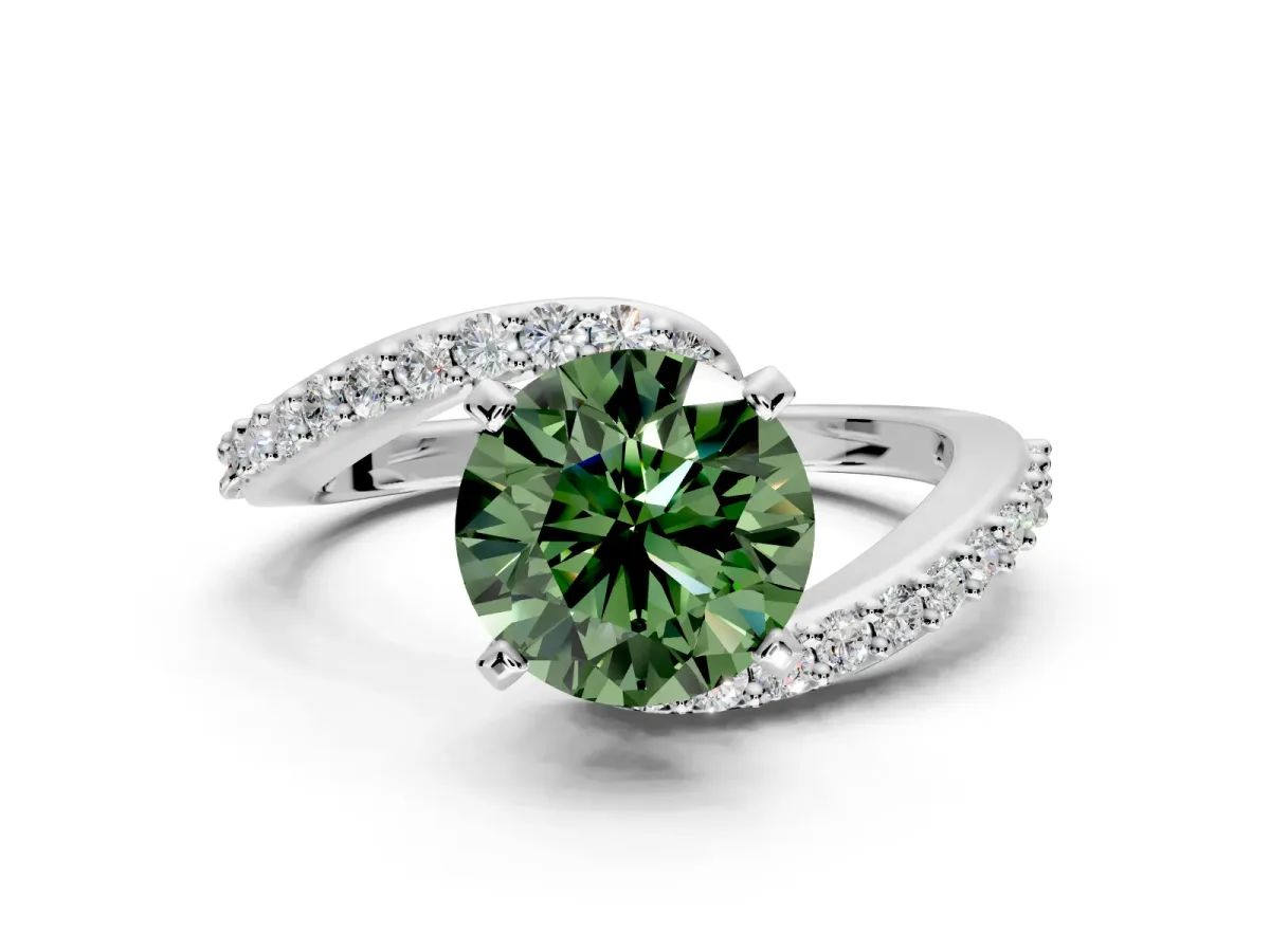 Solitaire Engagement Ring Setting for Fancy Green Round Cut Center with Pave Bypass Swirl Band and Prong Head in White Gold