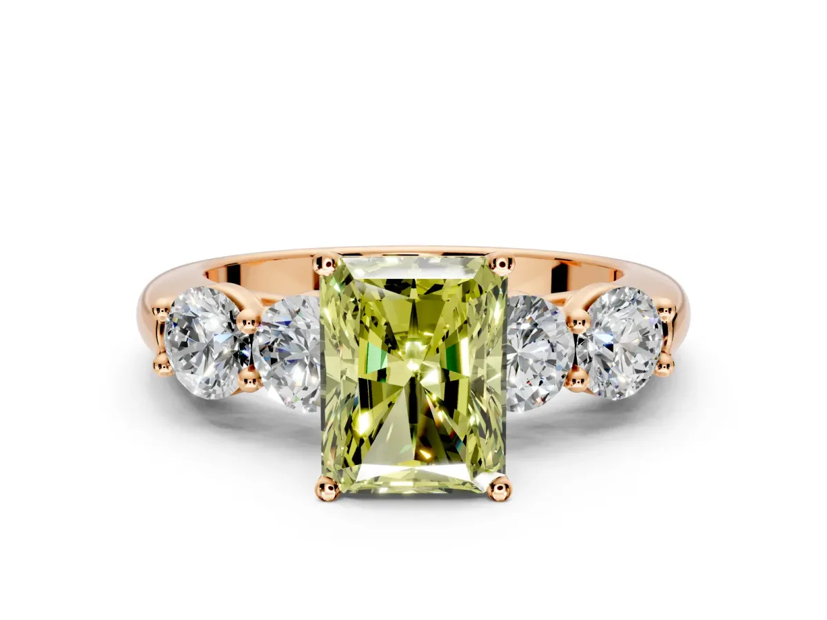 5 Stone Engagement Ring Setting for Fancy Yellow Radiant Cut Center with Graduated Accents and Prong Head in Rose Gold