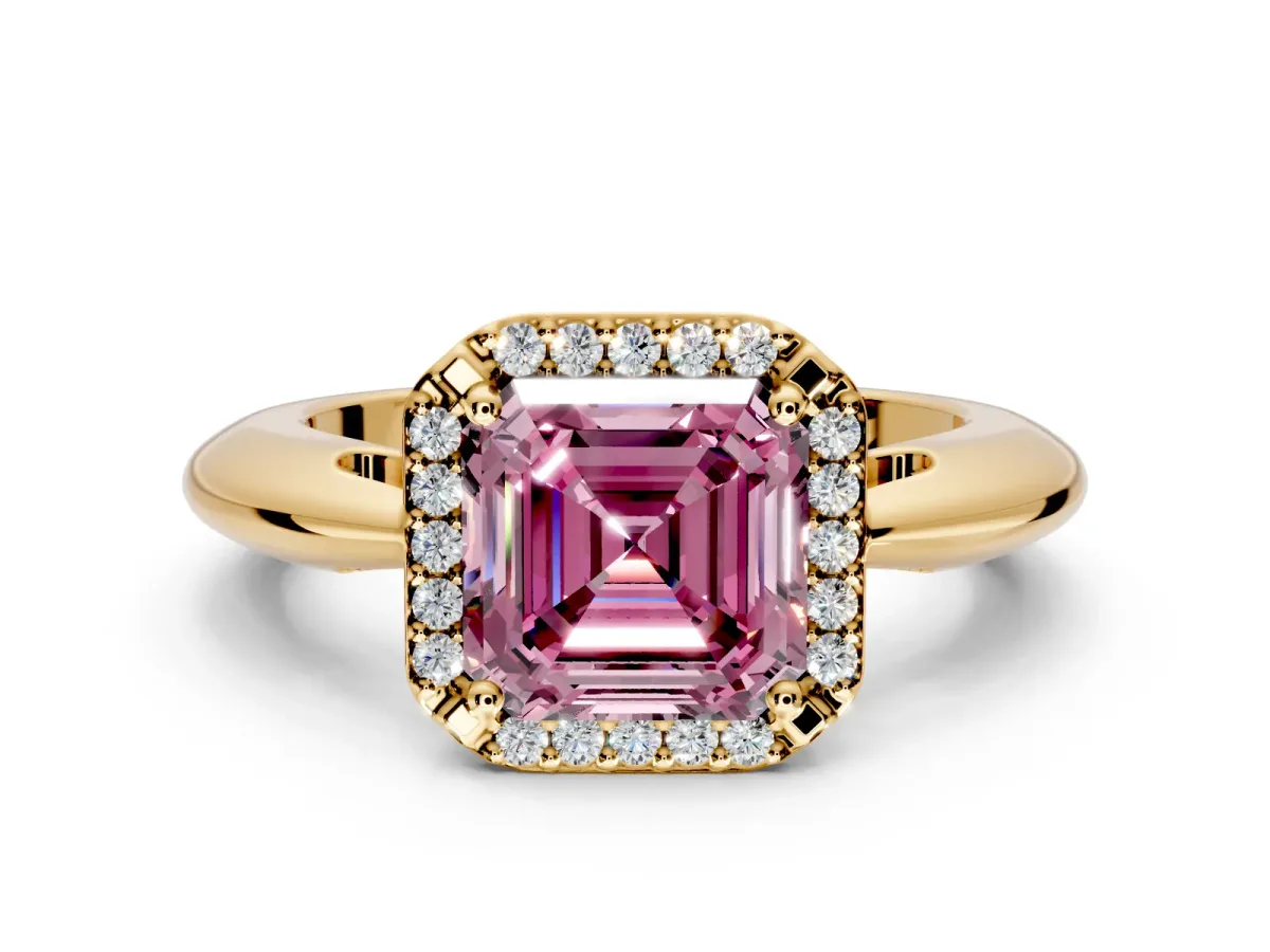 Halo Engagement Ring Setting for Fancy Pink Asscher Cut Center with Tapered Plain Band and Prong Head in Yellow Gold
