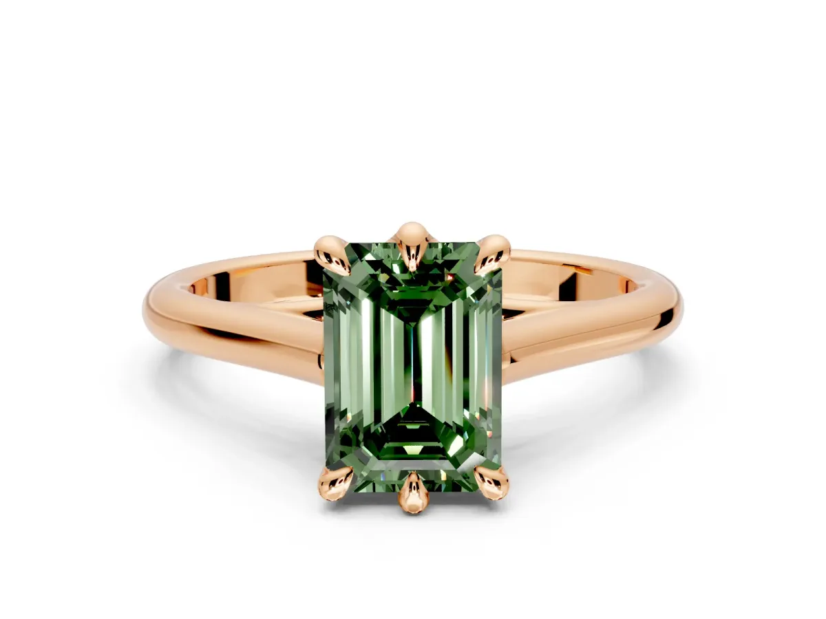 Solitaire Engagement Ring Setting for Fancy Green Emerald Cut Center with Cathedral Band and Prong Head in Rose Gold