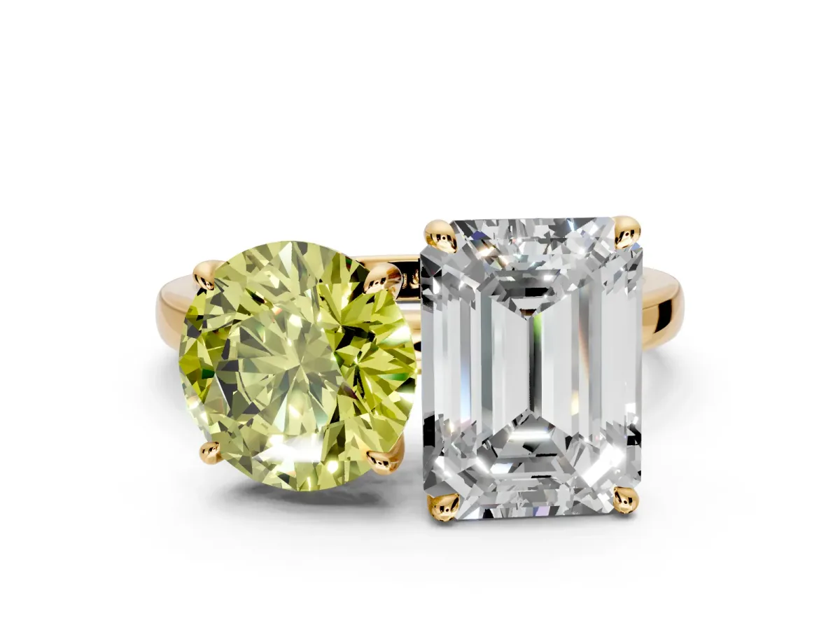 Fancy Yellow Round Cut and Emerald Cut Lab-Grown Diamond Toi et Moi Engagement Ring with Prong-Set Stones in Yellow Gold