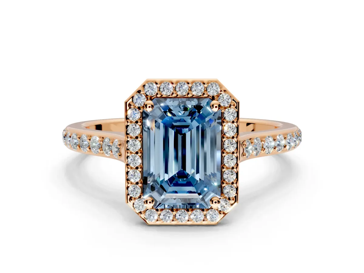 Halo Engagement Ring Setting for Fancy Blue Emerald Cut Center with Pave Accents, Heart Basket and Prong Head in Rose Gold