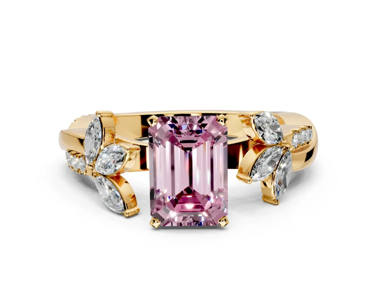 Floral Engagement Ring Setting for Fancy Pink Emerald Cut Center with Trailing Marquise Accents and Prong Head in Yellow Gold