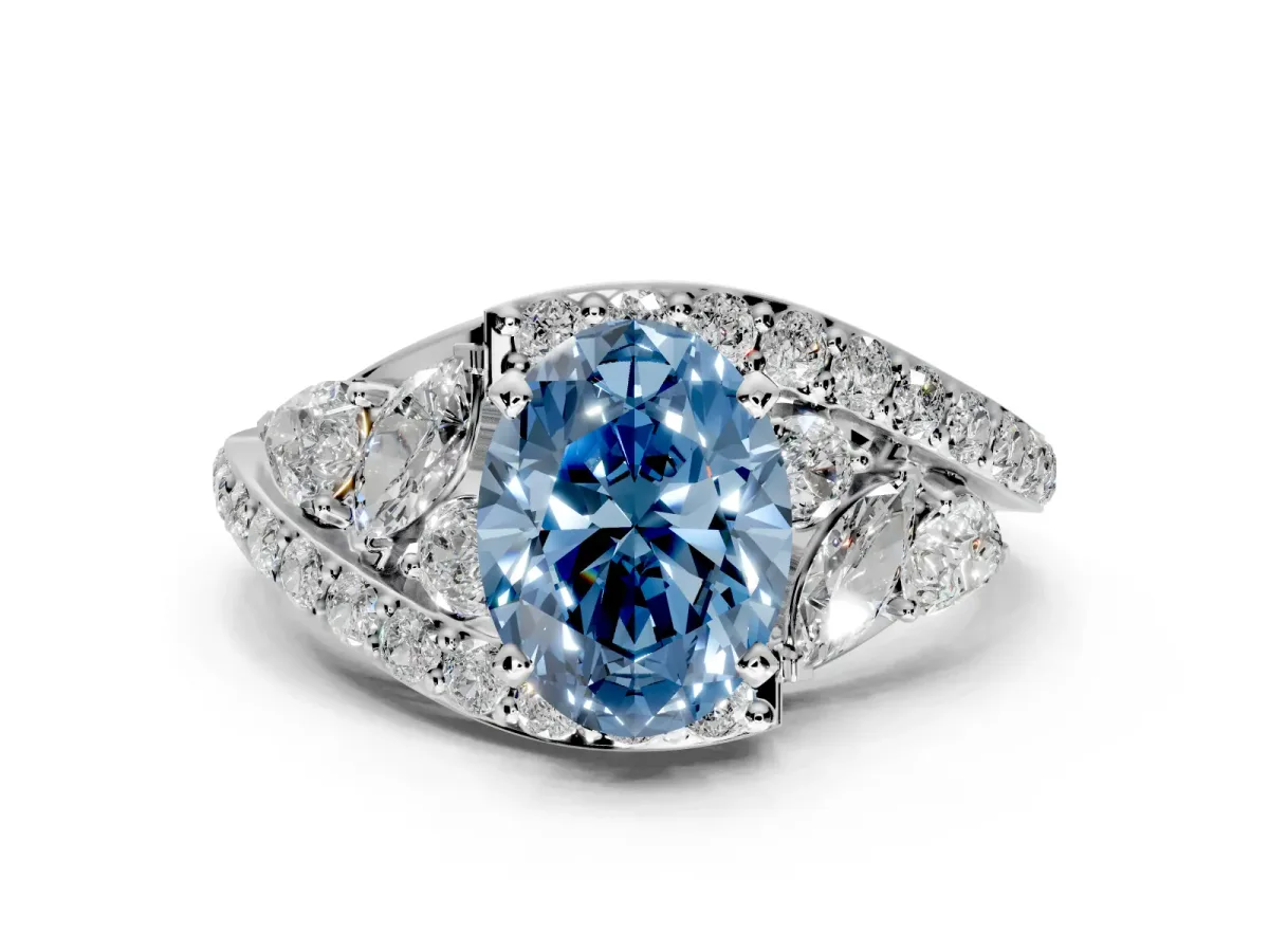 Halo Engagement Ring Setting for Fancy Blue Oval Center with Marquise and Pave Bypass Band and Prong Head in White Gold