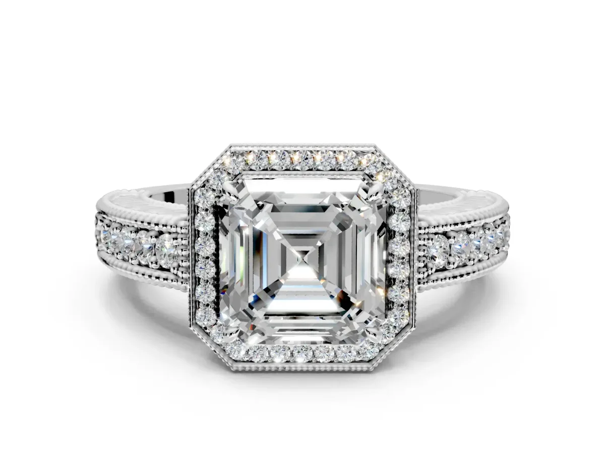 Milgrain Halo Engagement Ring Setting for Asscher Cut Center with Pave Band and Prong Head in Sterling Silver