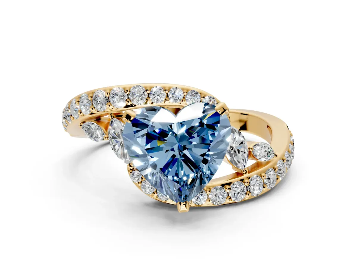 Solitaire Engagement Ring Setting for Fancy Blue Heart-Shaped Center with Pave Bypass Twist Band and Prong Head in Yellow Gold