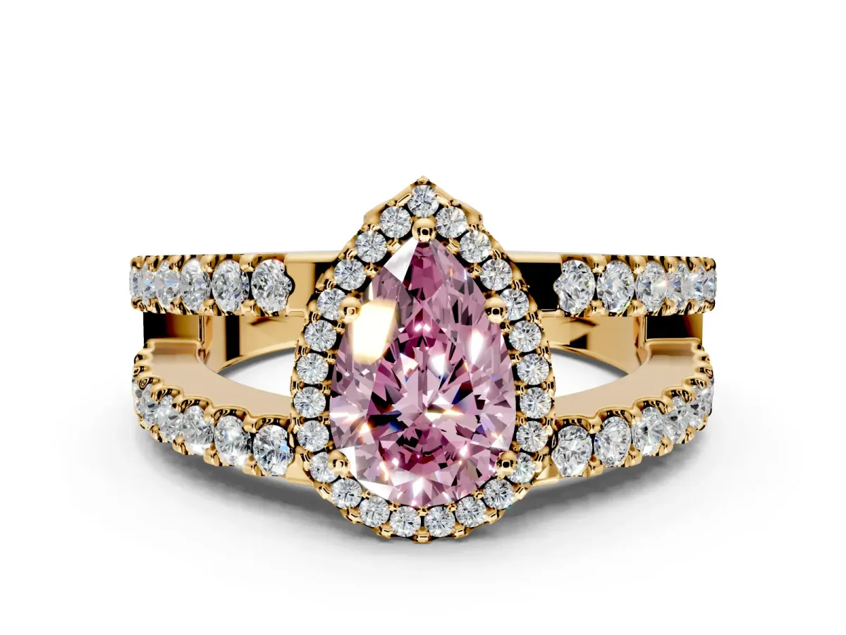 Halo Engagement Ring Setting for Fancy Pink Pear-Shaped Center with Wide-Open Pave Split Shank and Prong Head in Yellow Gold