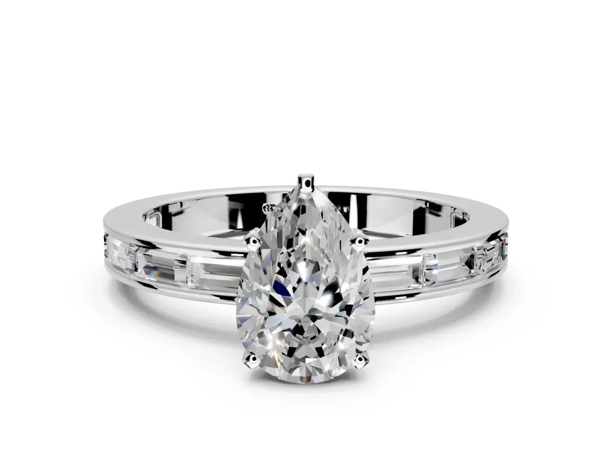 Solitaire Engagement Ring Setting for Pear-Shaped Center with Channel Baguette Band and Prong Head in Platinum