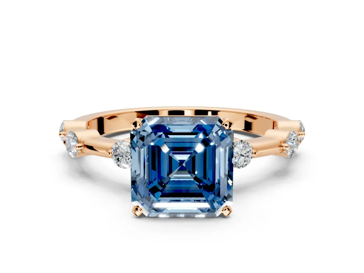Solitaire Engagement Ring Setting for Fancy Blue Asscher Cut Center with Bezel Station Band and Prong Head in Rose Gold