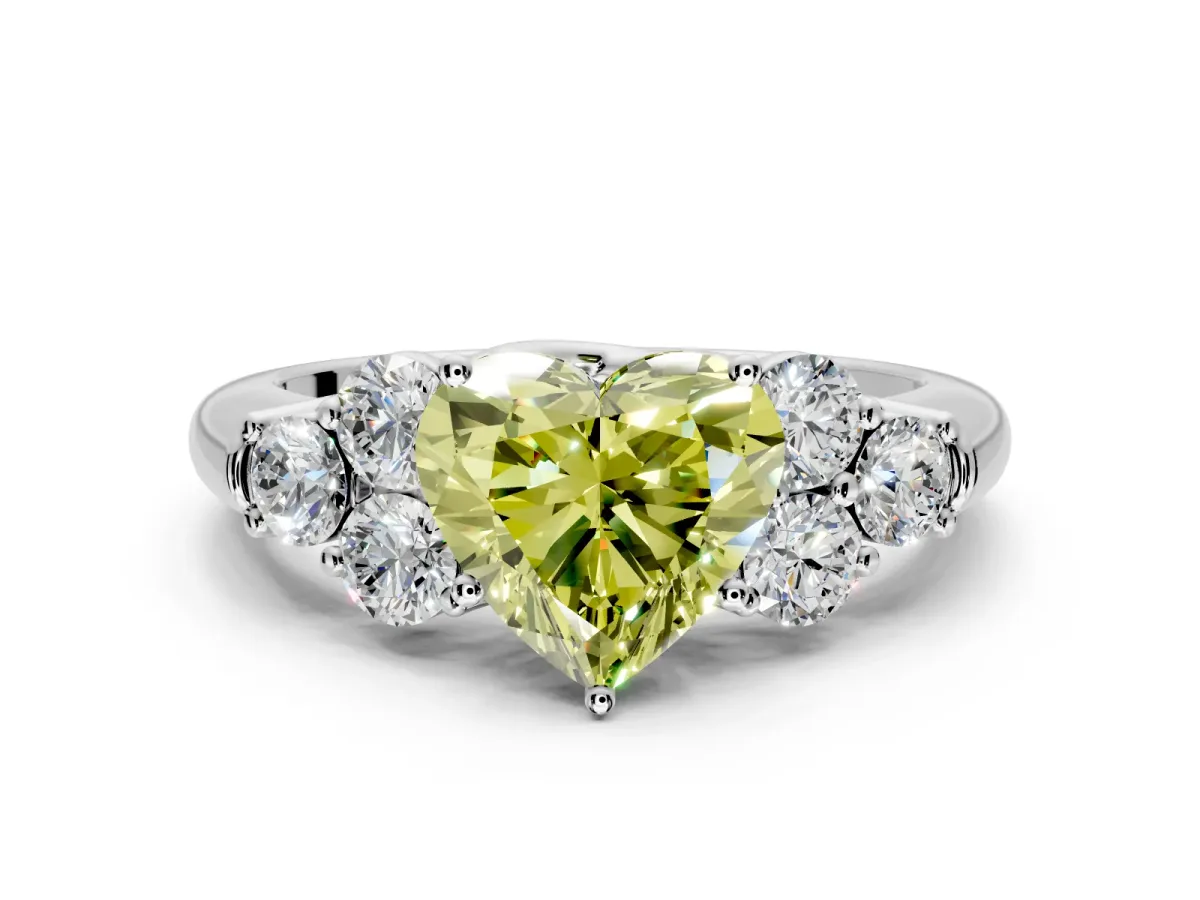 Cluster Engagement Ring Setting for Fancy Yellow Heart-Shaped Center with Round Cut Accent Frame and Prong Head in Platinum