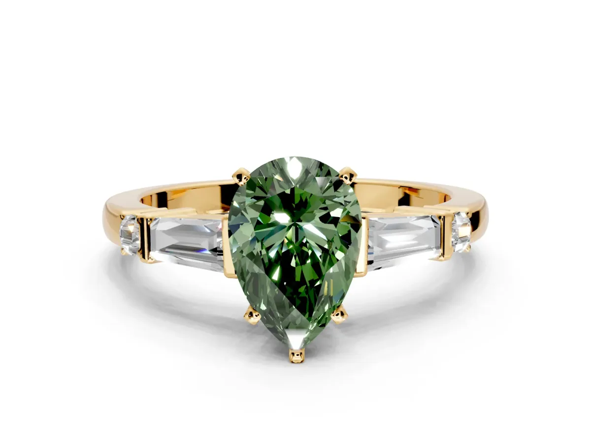 Bar-Set Engagement Ring Setting for Fancy Green Pear-Shaped Center with Tapered Baguette Accents and Prong Head in Yellow Gold