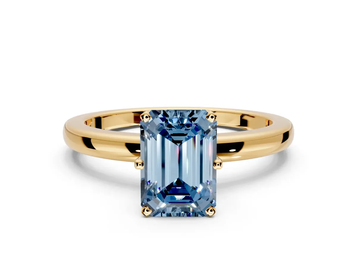 Solitaire Engagement Ring Setting for Fancy Blue Emerald Cut Center with Plain Band and Tulip Prong Head in Yellow Gold