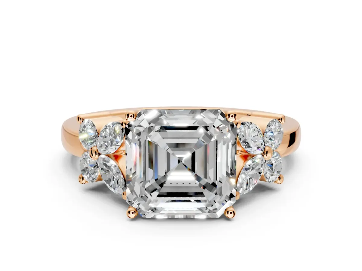 Floral Engagement Ring Setting for Asscher Cut Center with Marquise Cluster Shoulders and Prong Head in Rose Gold