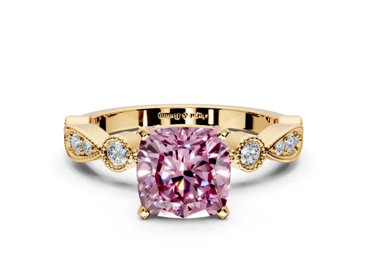Solitaire Engagement Ring Setting for Fancy Pink Cushion Cut Center with Milgrain Bezel Accents and Prong Head in Yellow Gold