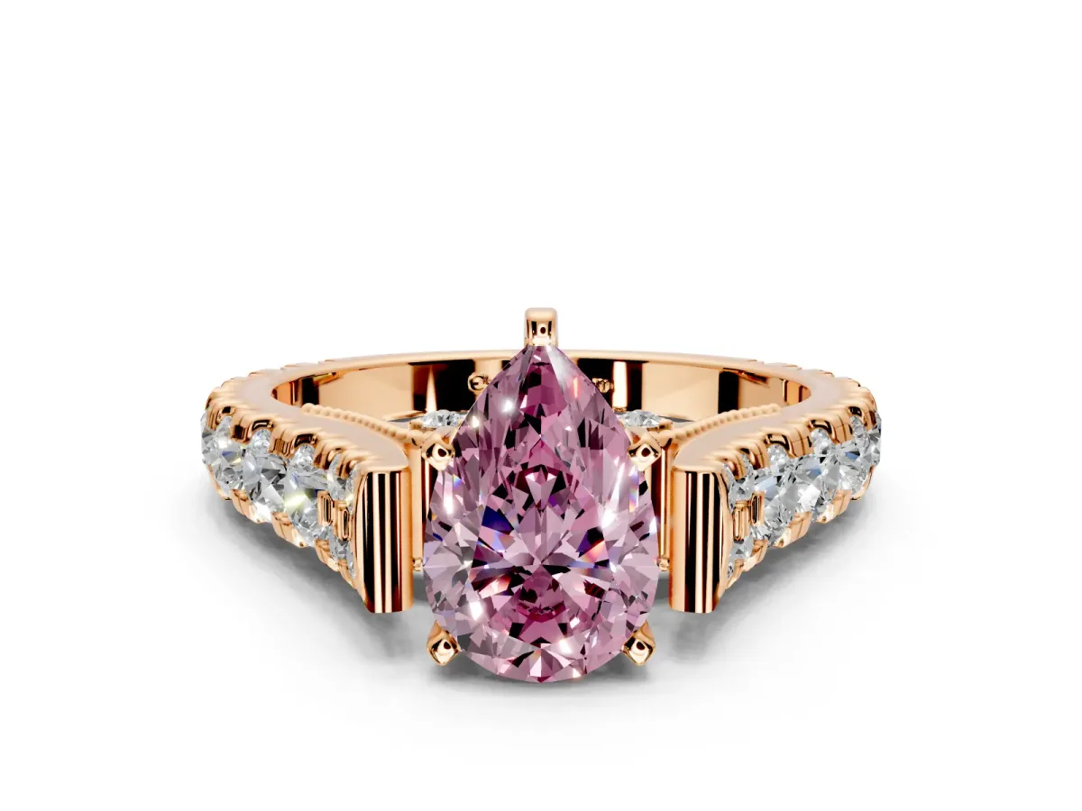 Solitaire Engagement Ring Setting for Fancy Pink Pear-Shaped Center with Pave Cathedral Shoulders and Prong Head in Rose Gold