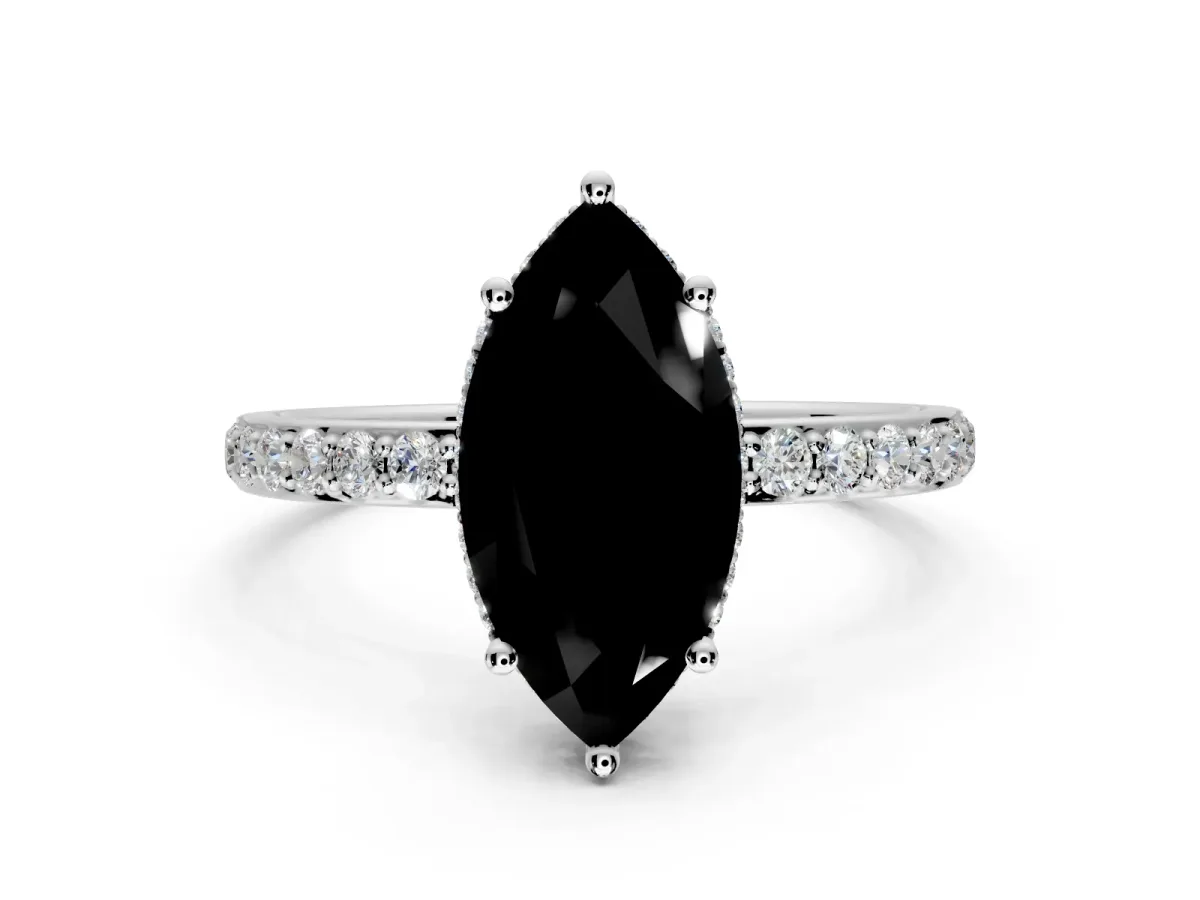 Hidden Halo Engagement Ring Setting for Fancy Black Marquise Center with Pave Band and Prong Head in Platinum