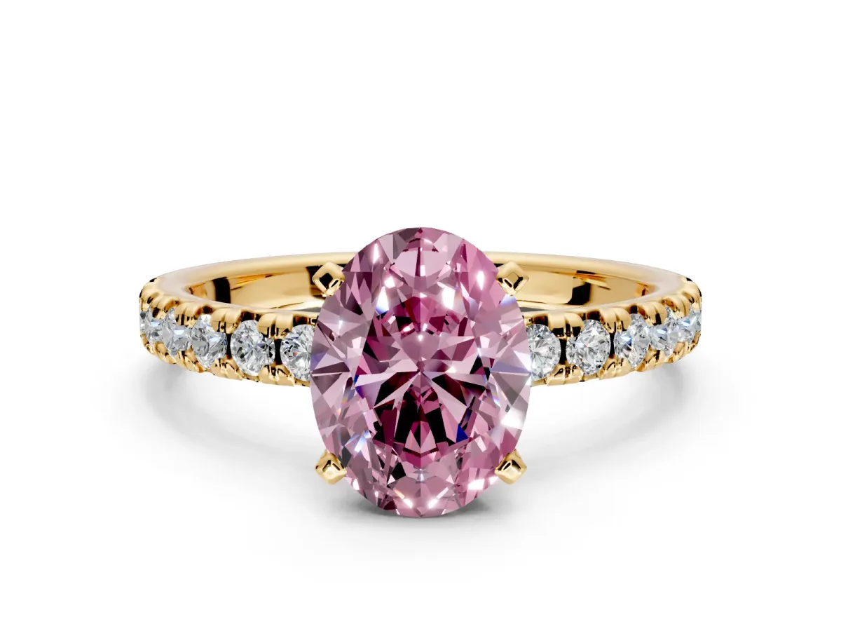 Solitaire Engagement Ring Setting for Fancy Pink Oval Center with Large Accents and Prong Head in Yellow Gold