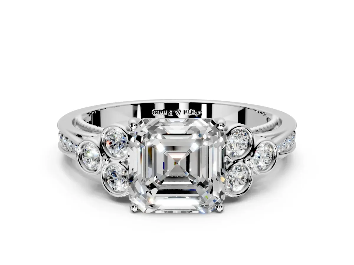Cluster Engagement Ring Setting for Asscher Cut Center with Bezel Accent Clusters and Prong Head in Sterling Silver