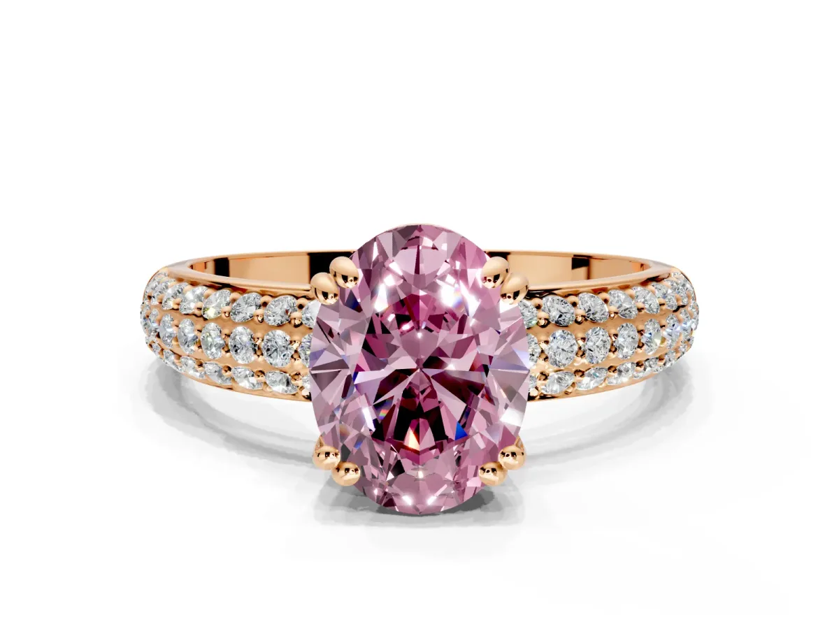 Solitaire Engagement Ring Setting for Fancy Pink Oval Center with Multi-Row Pave Accents and Basket Head in Rose Gold