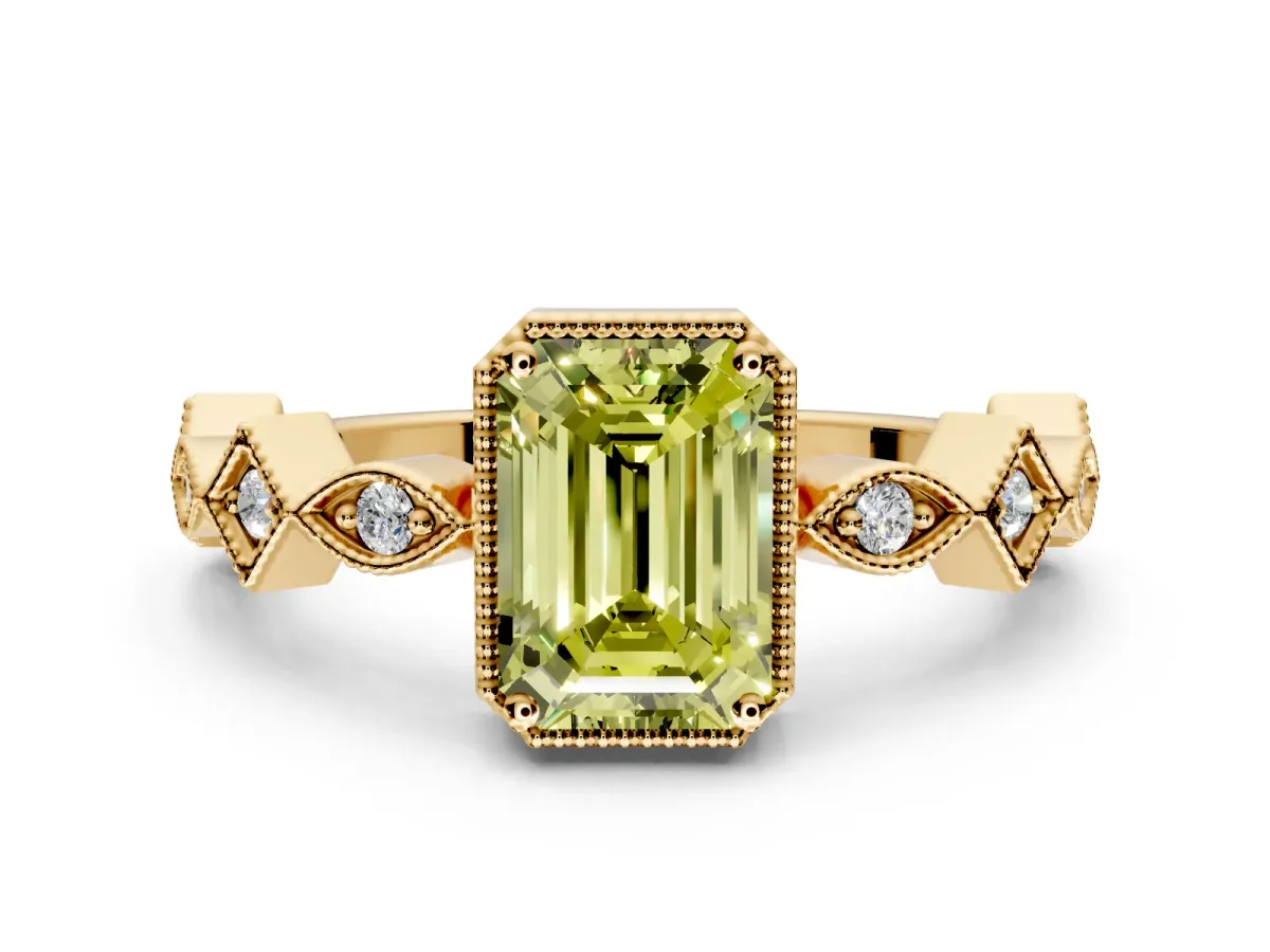 Milgrain Bezel Engagement Ring Setting for Fancy Yellow Emerald Cut Center with Marquise Stations and Bezel Head in Yellow Gold