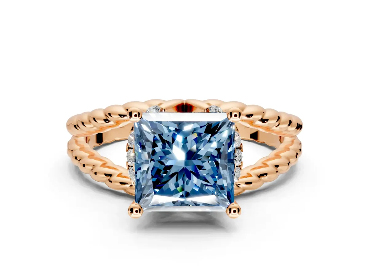 Halo Engagement Ring Setting for Fancy Blue Princess Cut Center with Rope Twist Split Shank and Prong Head in Rose Gold