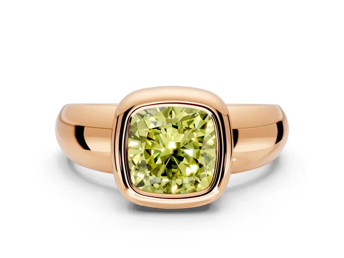 Solitaire Engagement Ring Setting for Fancy Yellow Cushion Cut Center with Wide Band and Bezel Head in Rose Gold