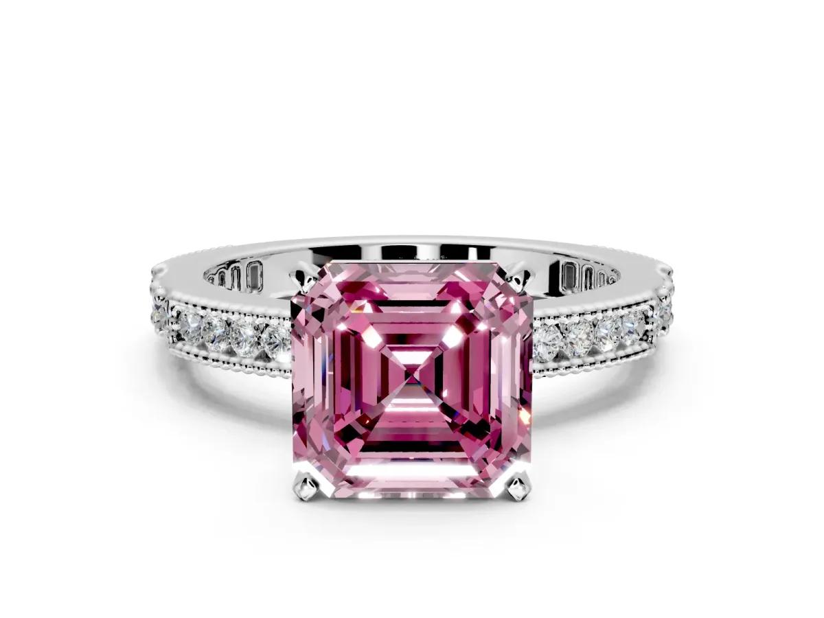 Solitaire Engagement Ring Setting for Fancy Pink Asscher Cut Center with Milgrain-Edged Pave Band and Prong Head in Platinum