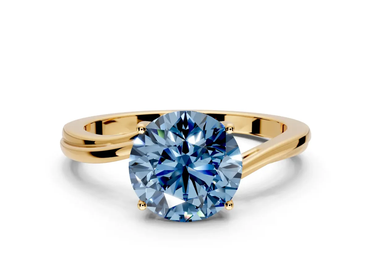 Solitaire Engagement Ring Setting for Fancy Blue Round Cut Center with Plain Bypass Twist Band and Prong Head in Yellow Gold