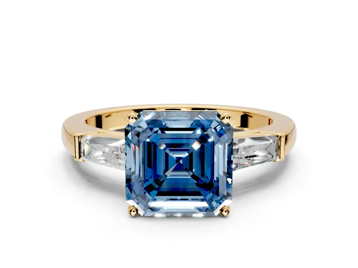 3 Stone Engagement Ring Setting for Fancy Blue Asscher Cut Center with Tapered Baguettes, Plain Band and Prong Head in Yellow Gold