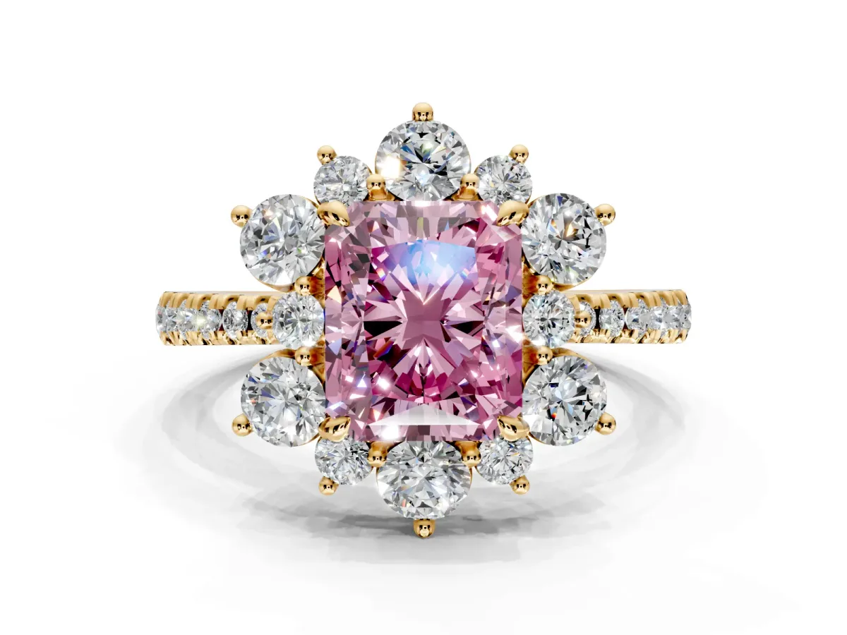 Floral Halo Engagement Ring Setting for Fancy Pink Radiant Cut Center with Pave Accents and Prong Head in Yellow Gold