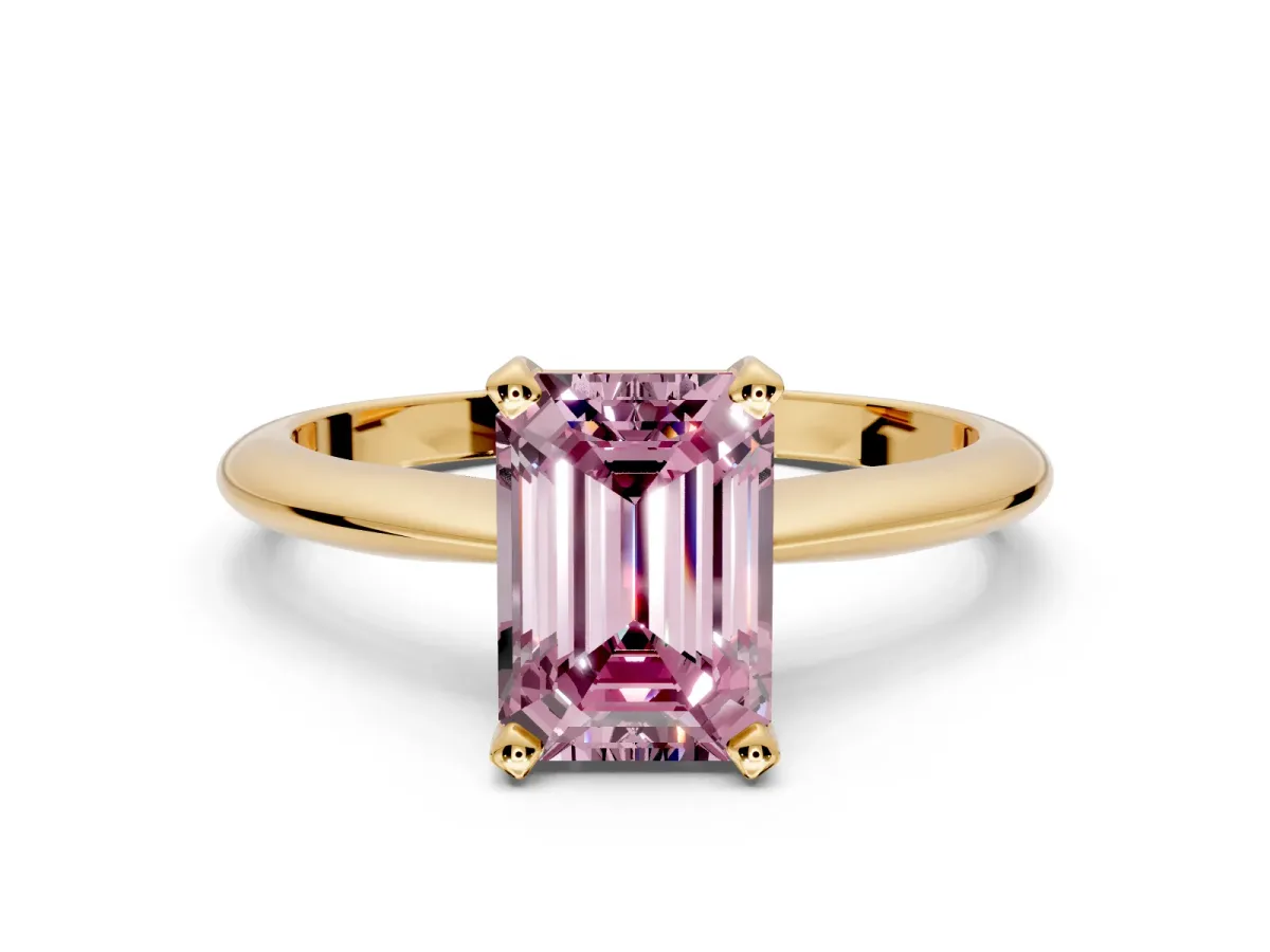 Solitaire Engagement Ring Setting for Fancy Pink Emerald Cut Center with Knife Ridge Band and Claw Prong Head in Yellow Gold